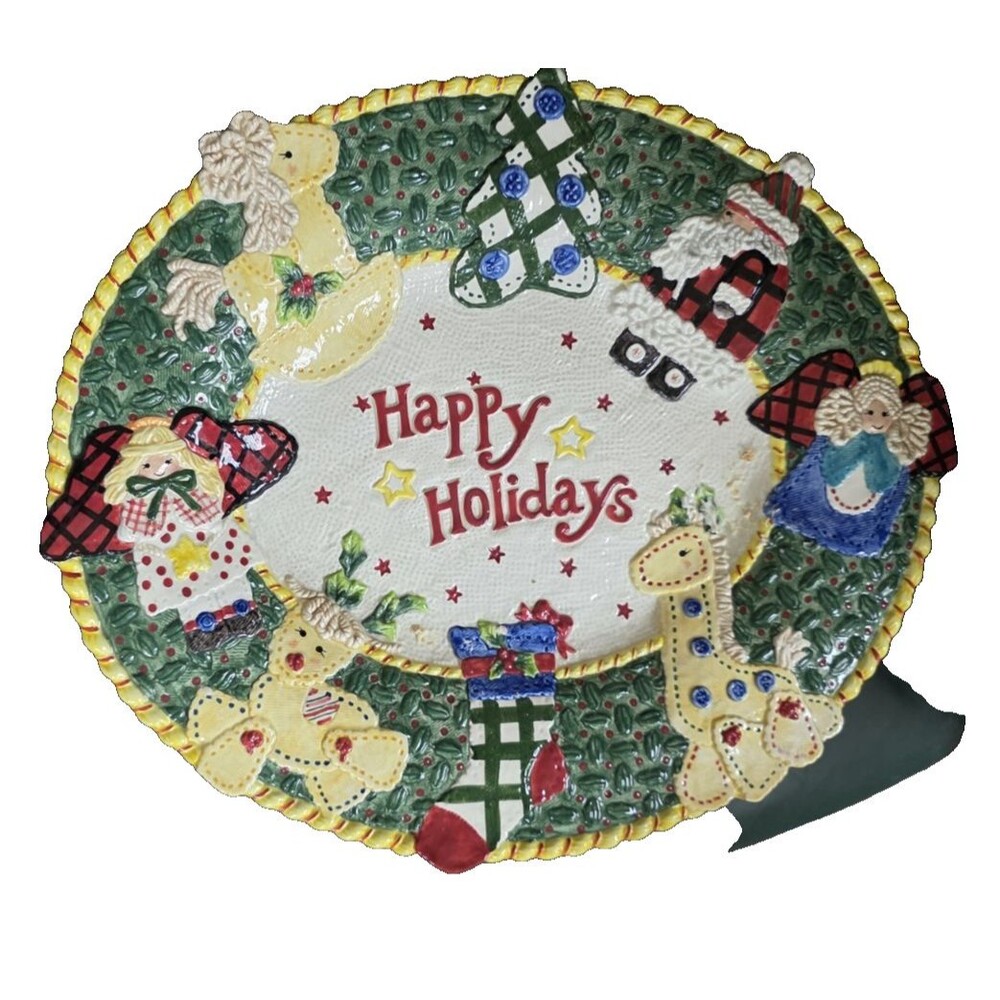 Vtg Fitz & Floyd Homespun Holidays Christmas Quilt Folk Art Platter 15x13"